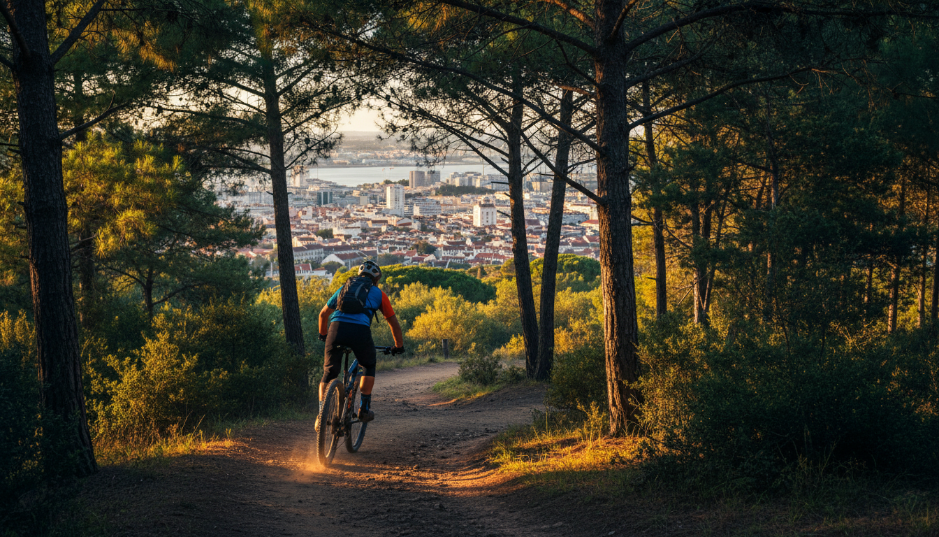 Mountain biker on a forest trail in Monsanto, dappled sunlight through pine trees, glimpse of the ci