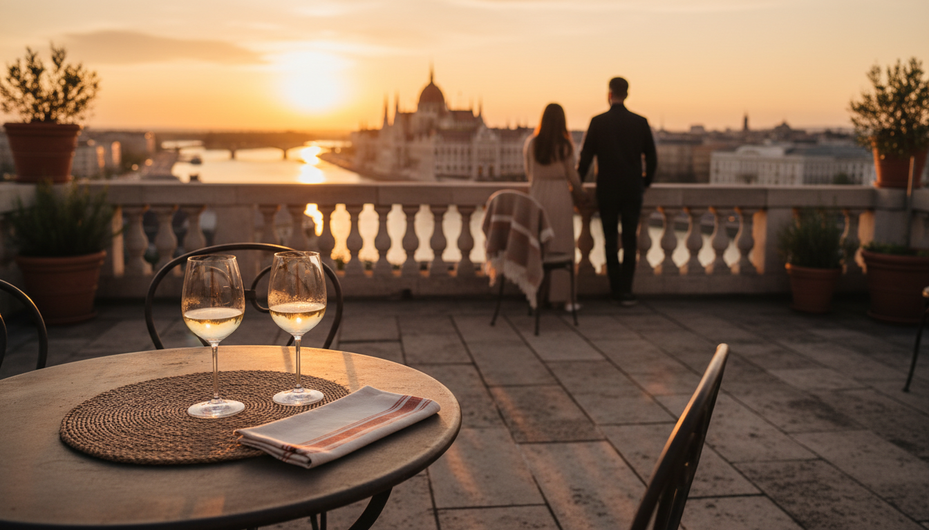 Golden hour view from a rooftop terrace in Budapests District V, overlooking the Danube with Parliam