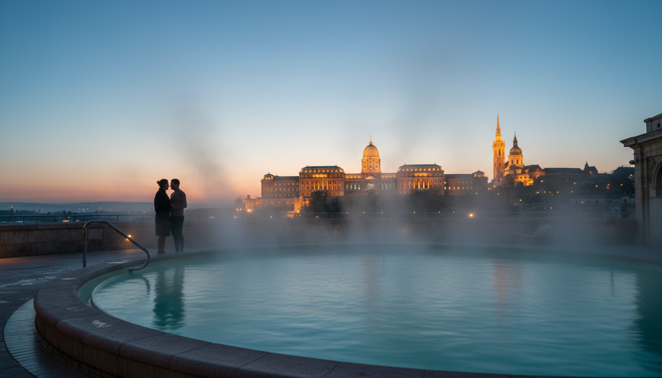 Interior of Rudas Baths rooftop pool at twilight, steam rising from turquoise water, Buda Castle ill