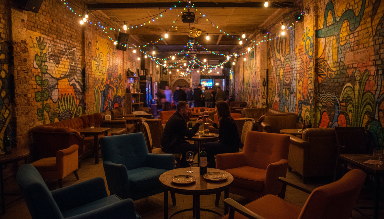 Eclectic interior of a Budapest ruin bar at night, mismatched vintage furniture, string lights, expo