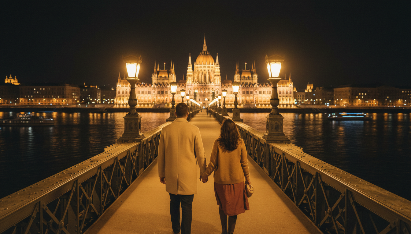 Couple walking hand-in-hand across Chain Bridge at night, Parliament building illuminated in golden