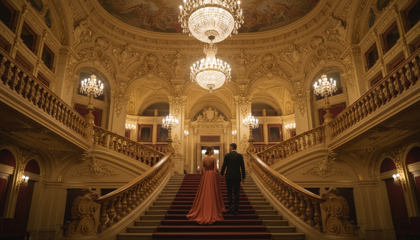 Interior of Hungarian State Opera House, ornate gold and red baroque details, crystal chandeliers, c