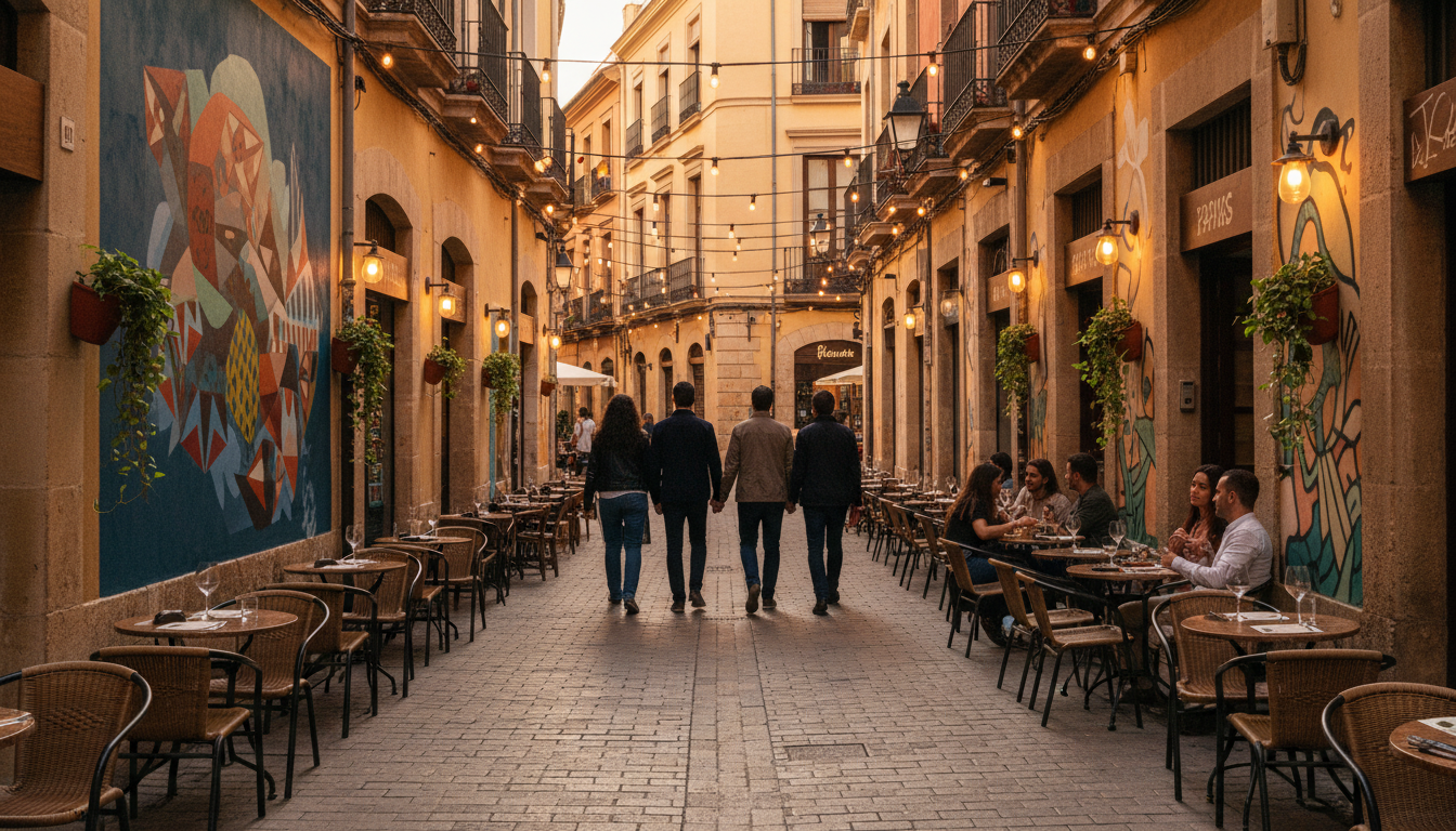 Narrow cobblestone street in Valencias El Carmen neighborhood at golden hour, string lights overhead