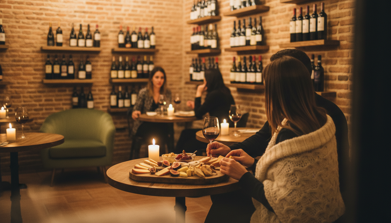 Intimate wine bar interior in Valencia with exposed brick walls, candlelit tables, couple sharing a