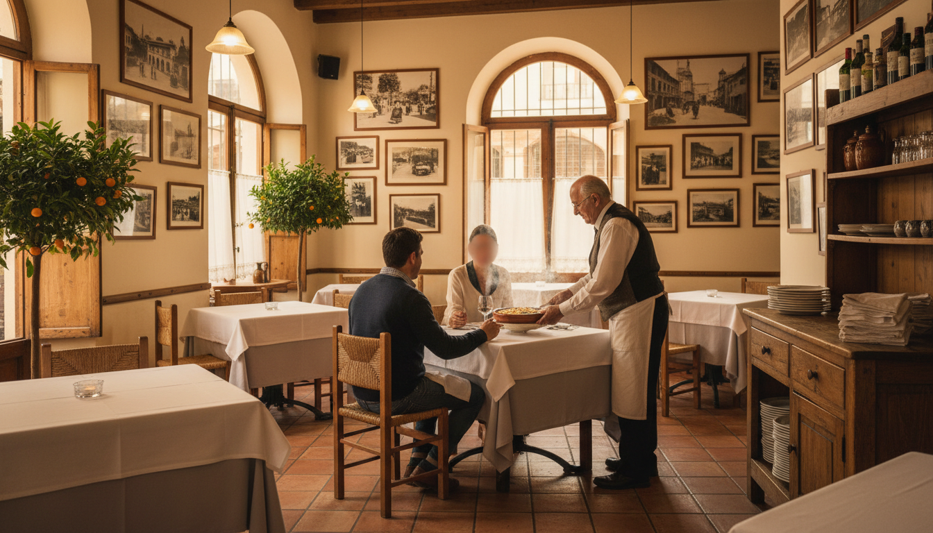 Traditional Valencian restaurant interior with white tablecloths, elderly waiter serving arrs al for