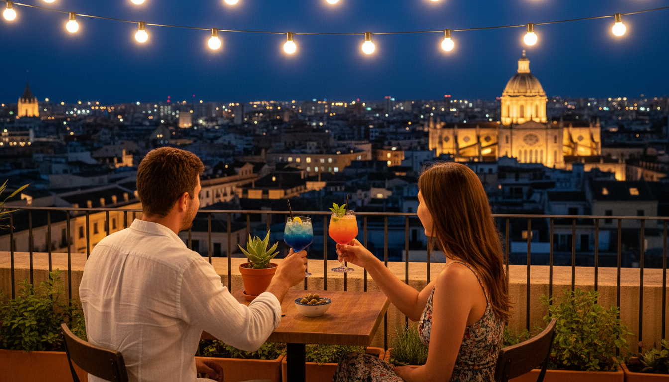 Couple at rooftop bar in Valencia at night, city lights and cathedral dome visible in background, co