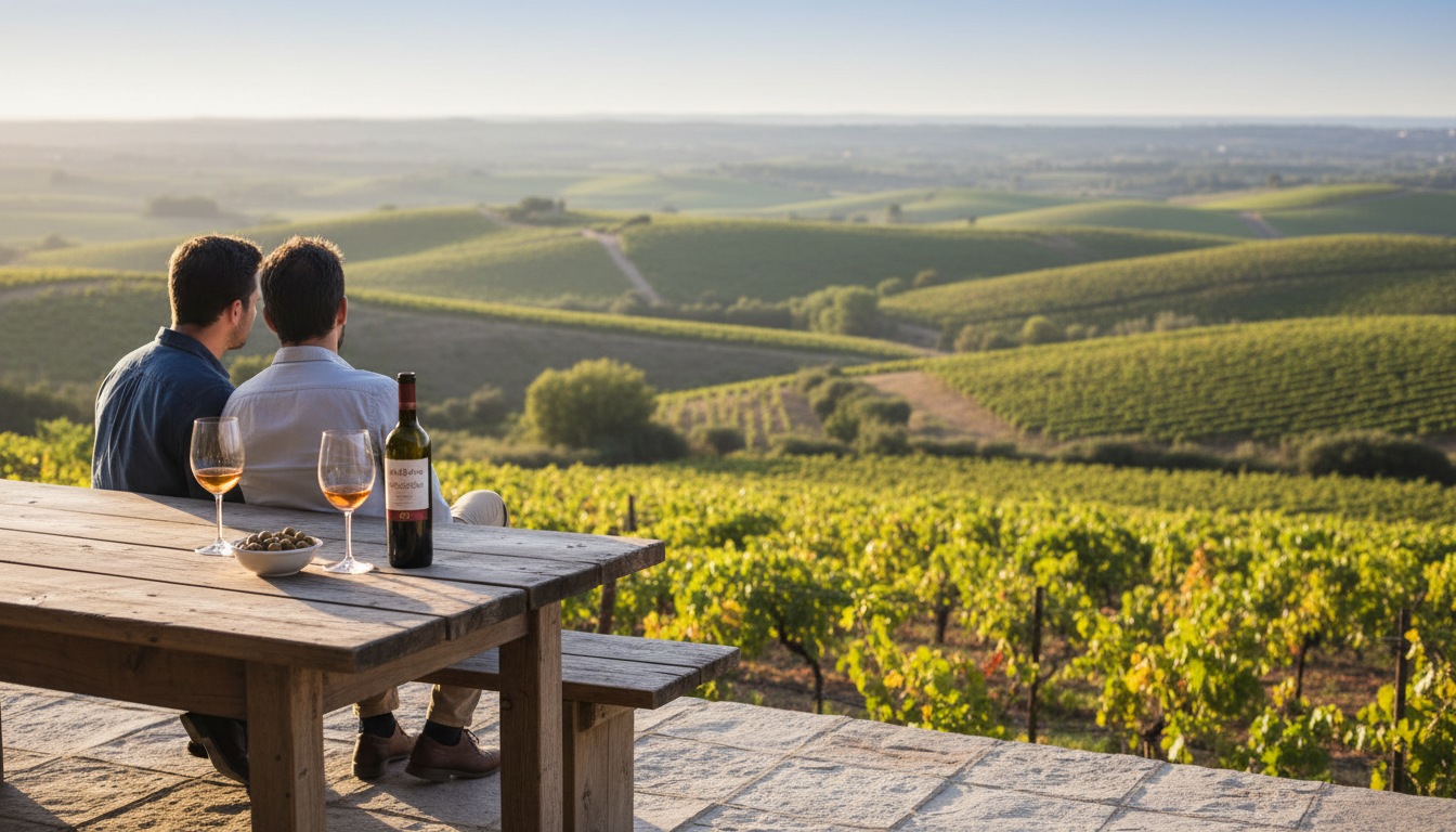 Couple at vineyard terrace in Valencia region during golden hour, wine glasses on rustic wooden tabl