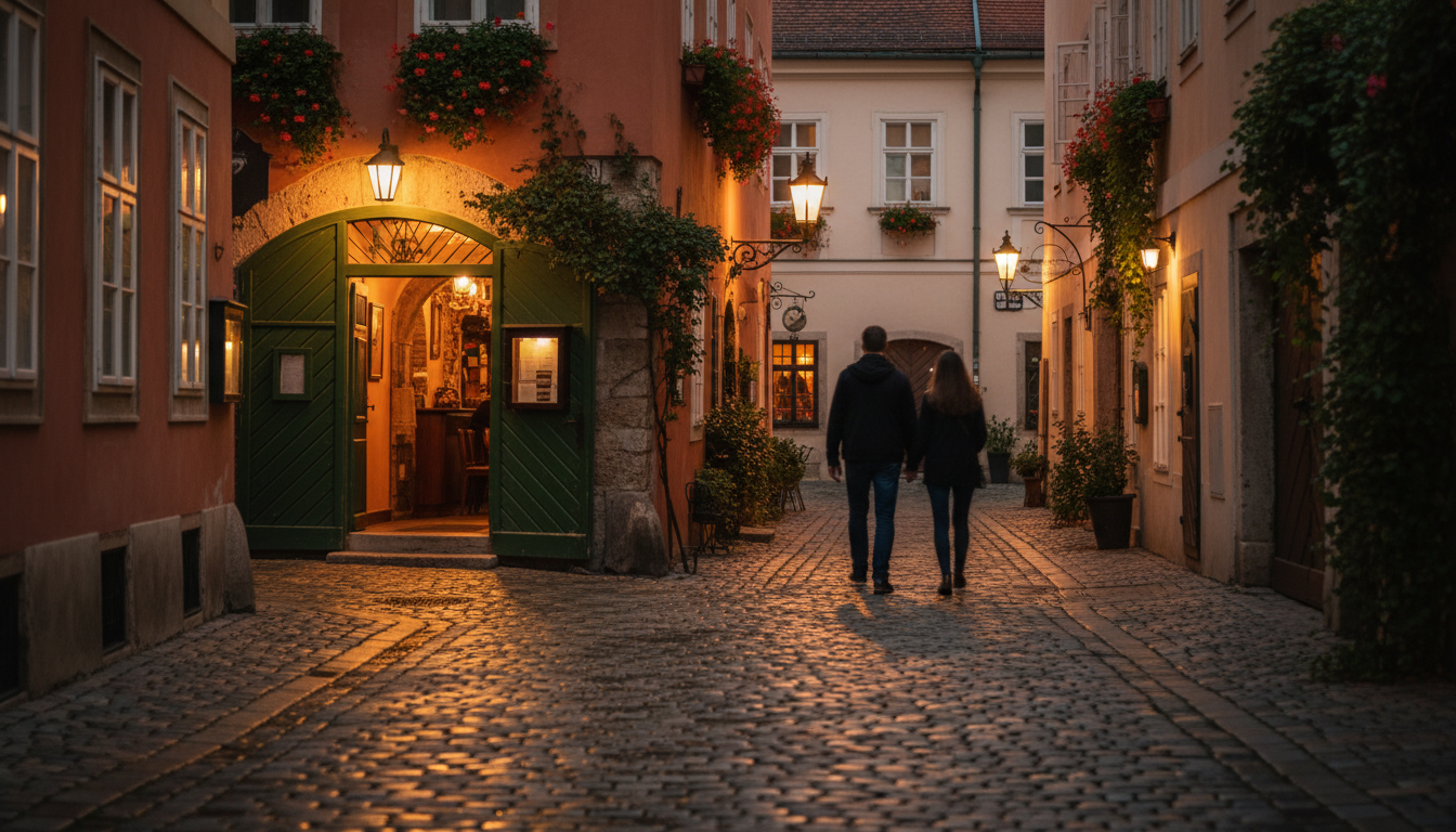 Cobblestone alley in Viennas Spittelberg district at dusk, warm light spilling from a wine tavern wi