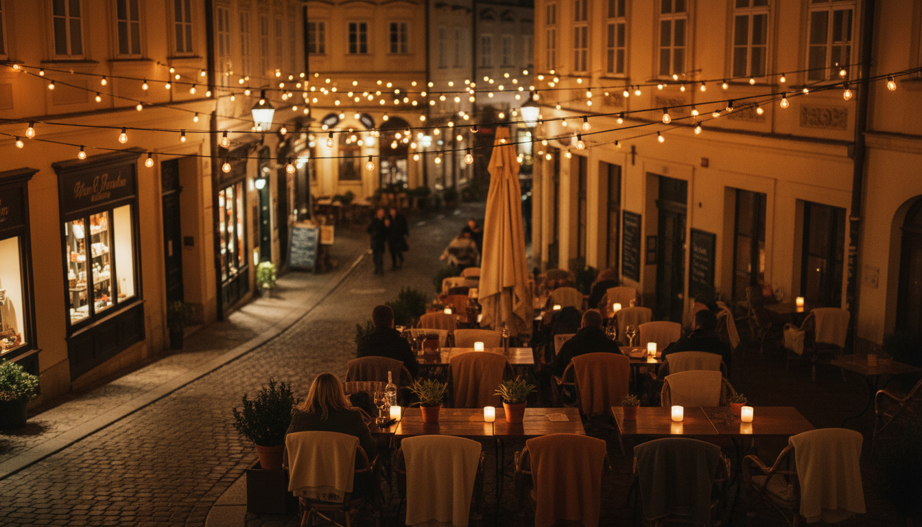 Aerial view of Spittelbergs narrow streets at night, strings of warm lights crisscrossing between bu