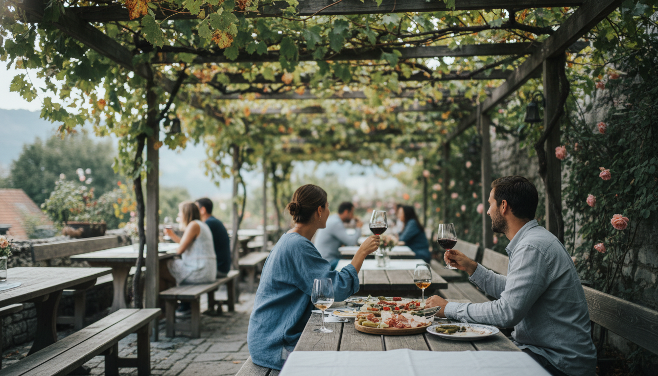 Outdoor seating at a traditional Heuriger wine tavern in Viennas Grinzing neighborhood, wooden table