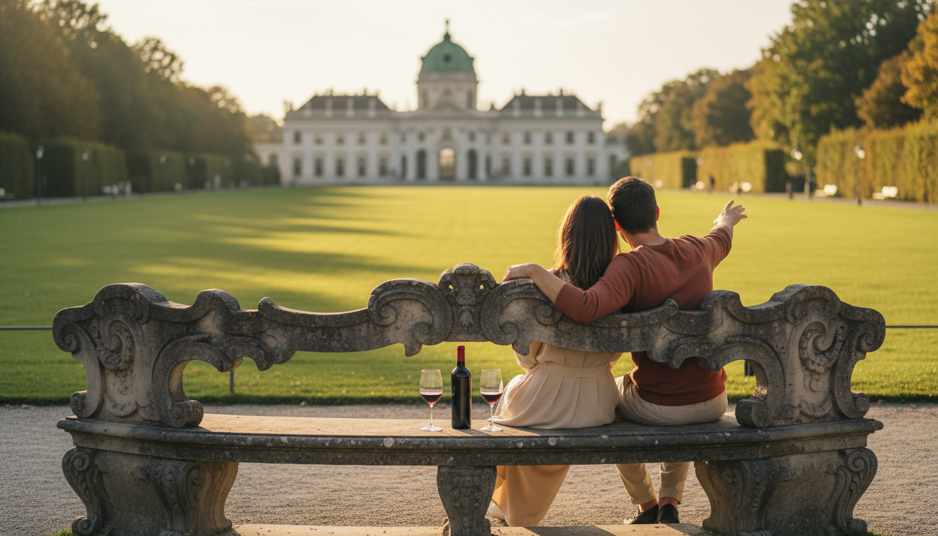 Couple sitting on an ornate bench in the Augarten park at golden hour, Baroque pavilion in backgroun