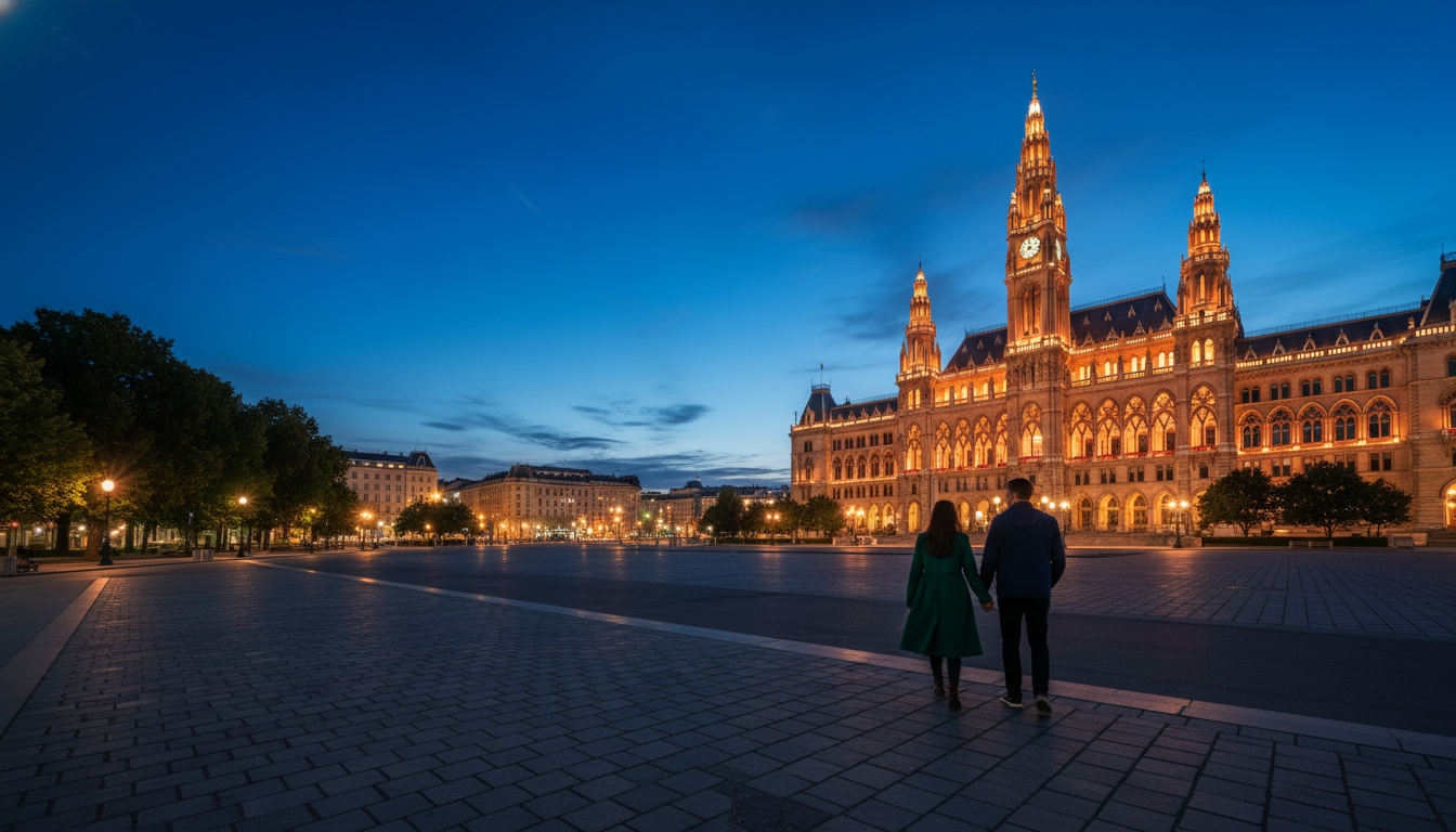 Viennas Rathaus City Hall illuminated at night, Gothic spires glowing against a dark blue sky, empty