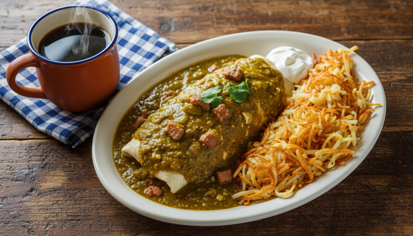 Overhead shot of a smothered breakfast burrito drowning in green chili, with a side of crispy hash b