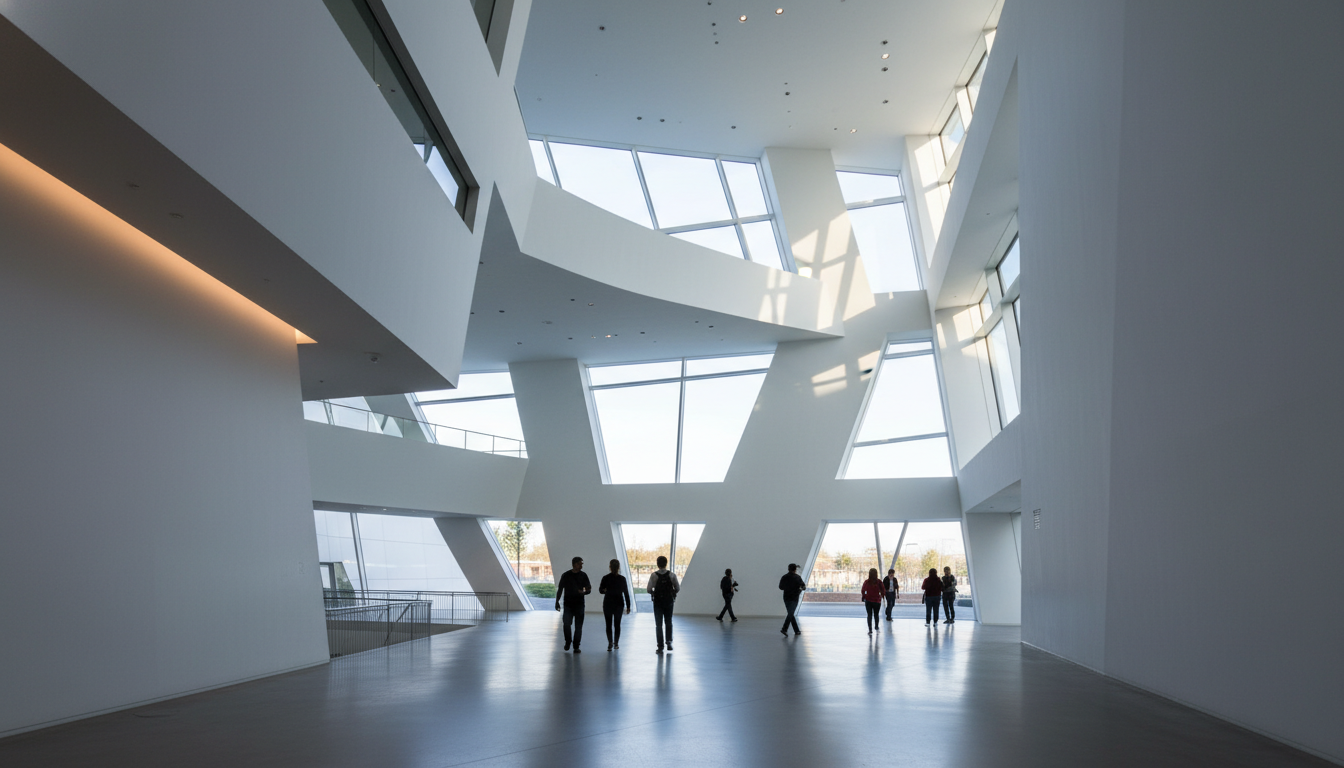 Interior of Denver Art Museum showing dramatic angular architecture with natural light streaming thr