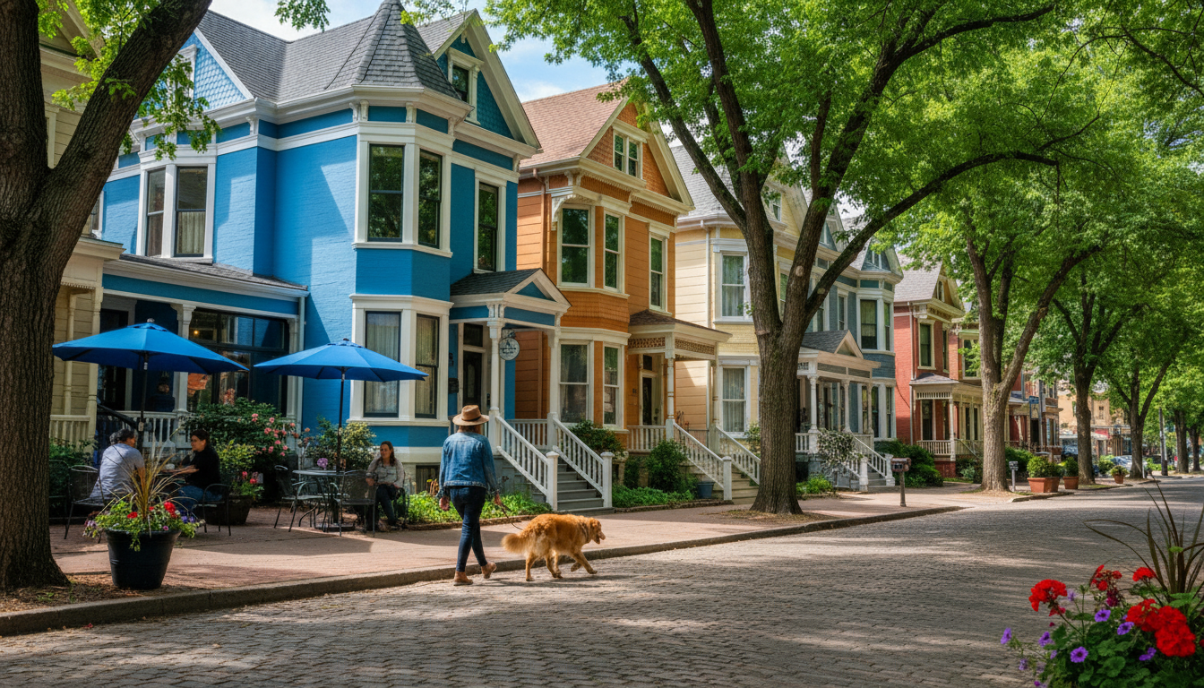 Colorful Victorian homes on a tree-lined street in Capitol Hill, Denver, with a person walking a dog