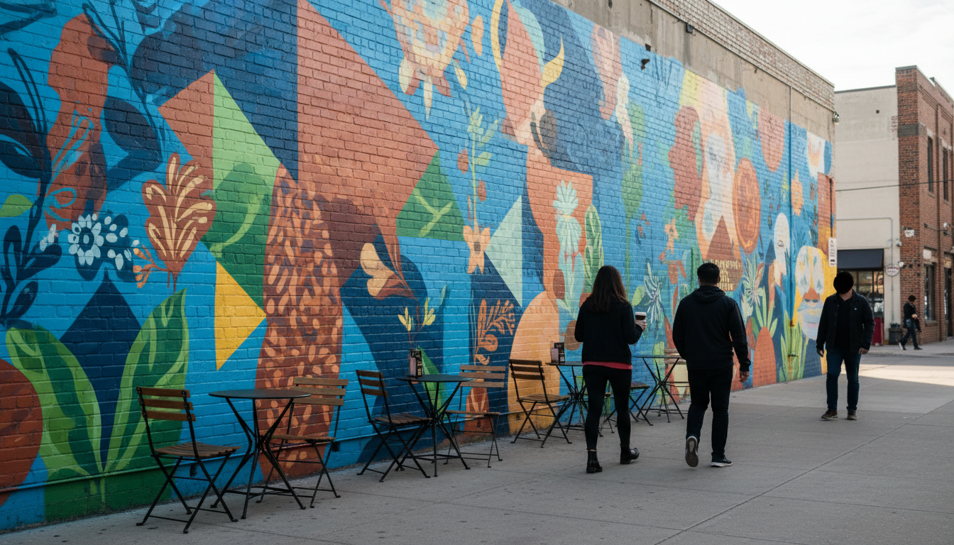 colorful street art mural covering an entire building wall in RiNo, with people walking past outdoor