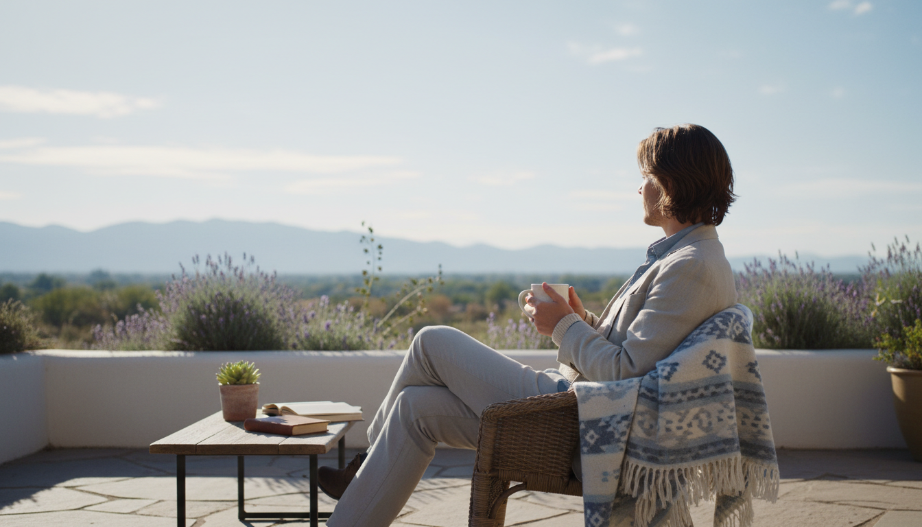 person sitting on a sunny patio with coffee, wearing layers including a light jacket, blue sky above