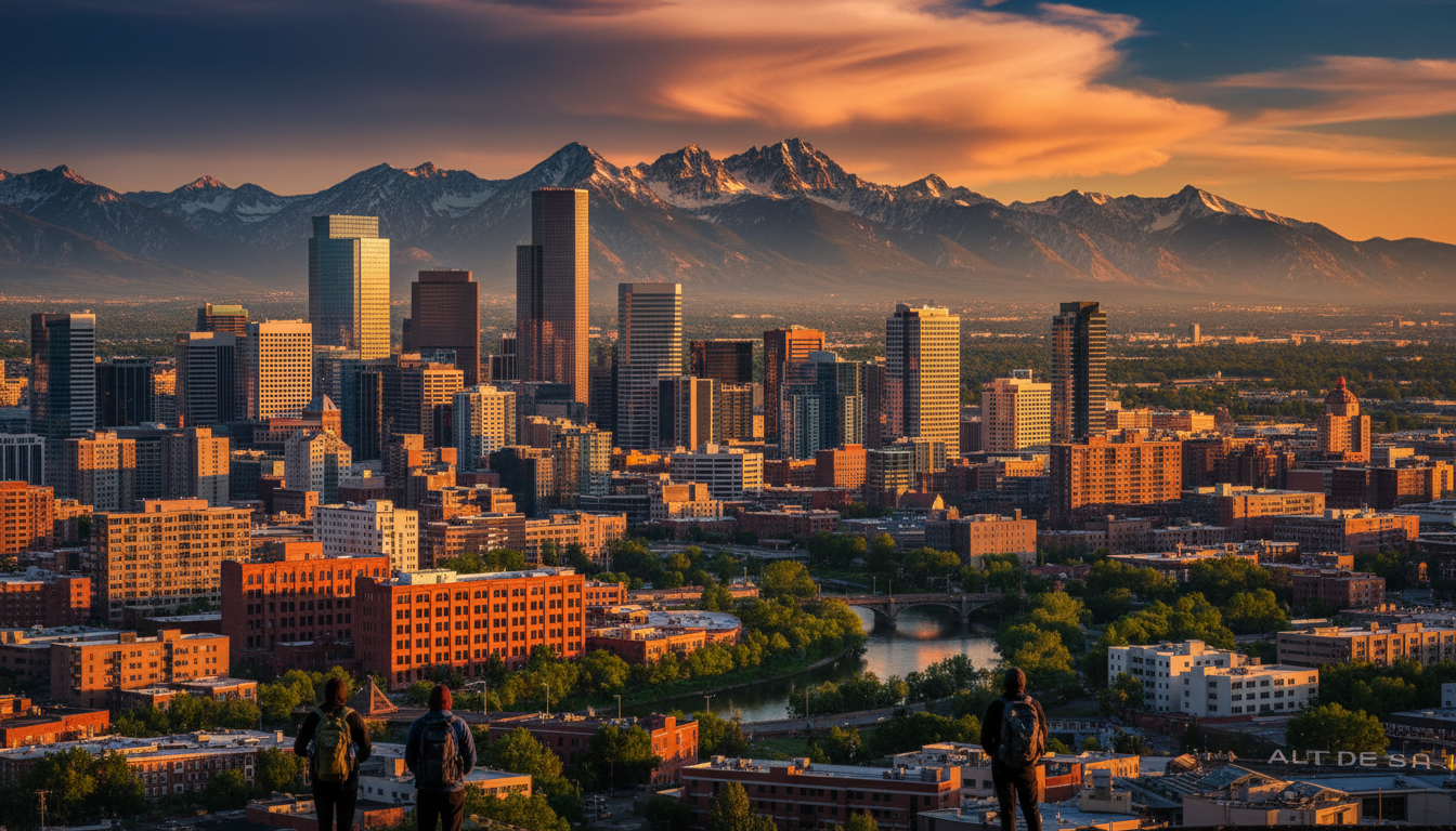 panoramic view of Denver skyline at golden hour with Rocky Mountains in background, snow-capped peak