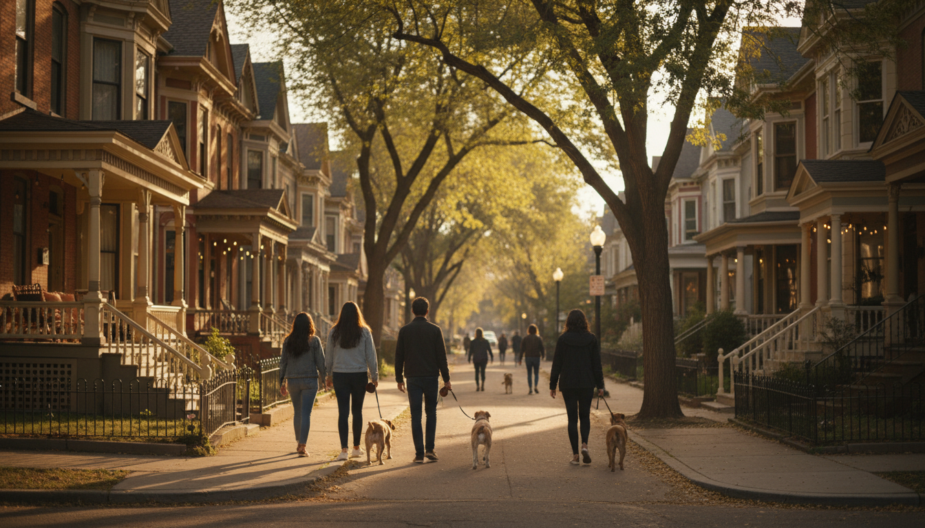 tree-lined residential street in Capitol Hill Denver with Victorian homes, front porches with string