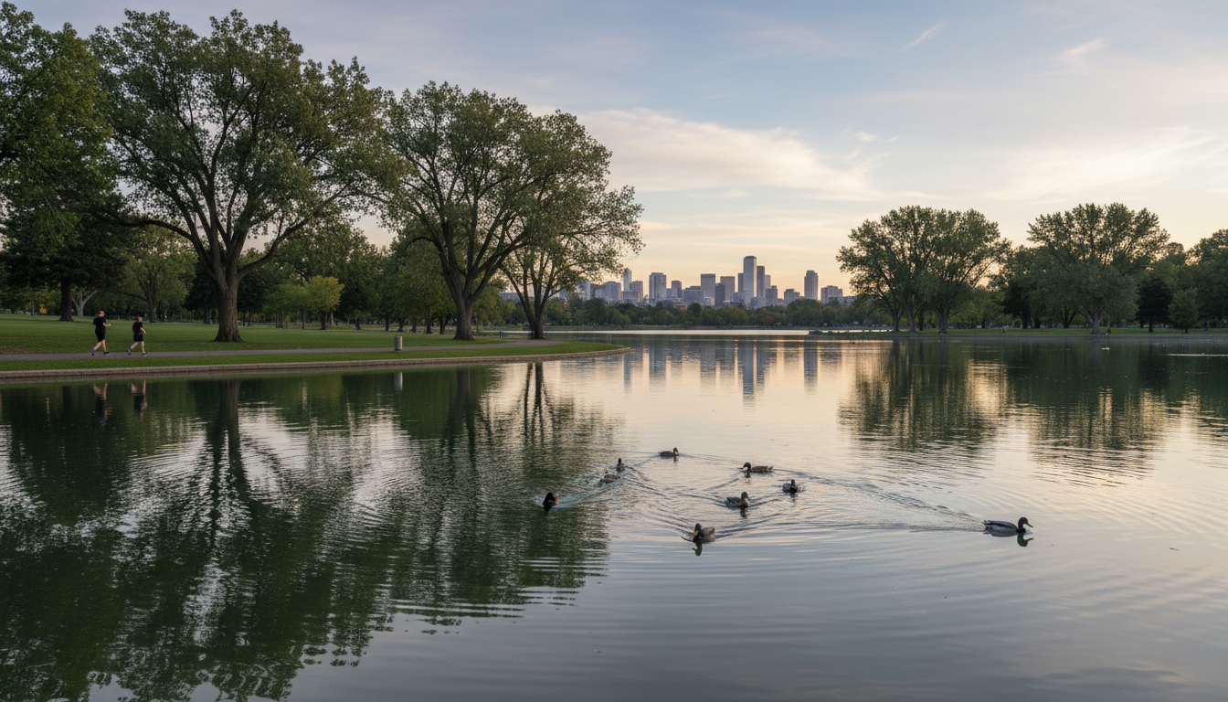 Washington Park lake at sunrise with joggers on path, ducks on water, large trees reflecting in stil