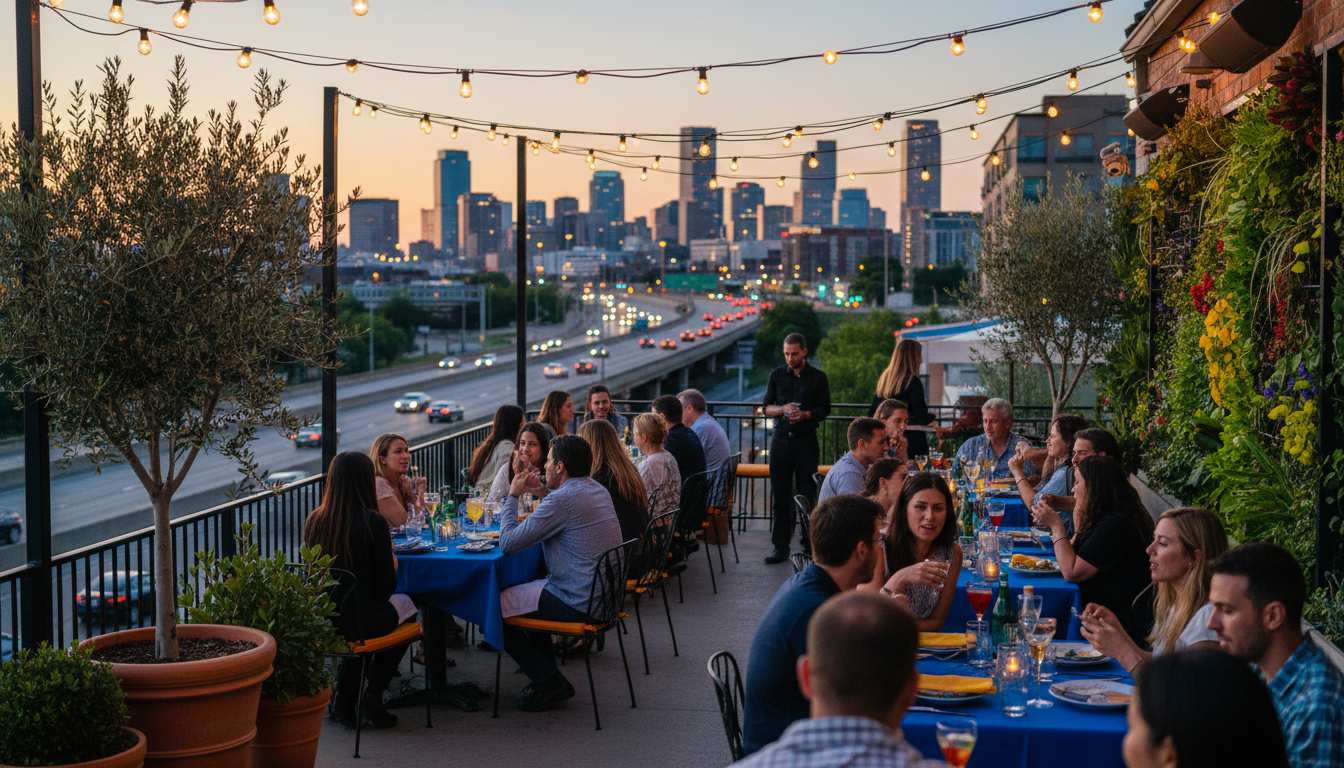 bustling restaurant patio on LoHi street at dusk, string lights overhead, diverse crowd dining and l