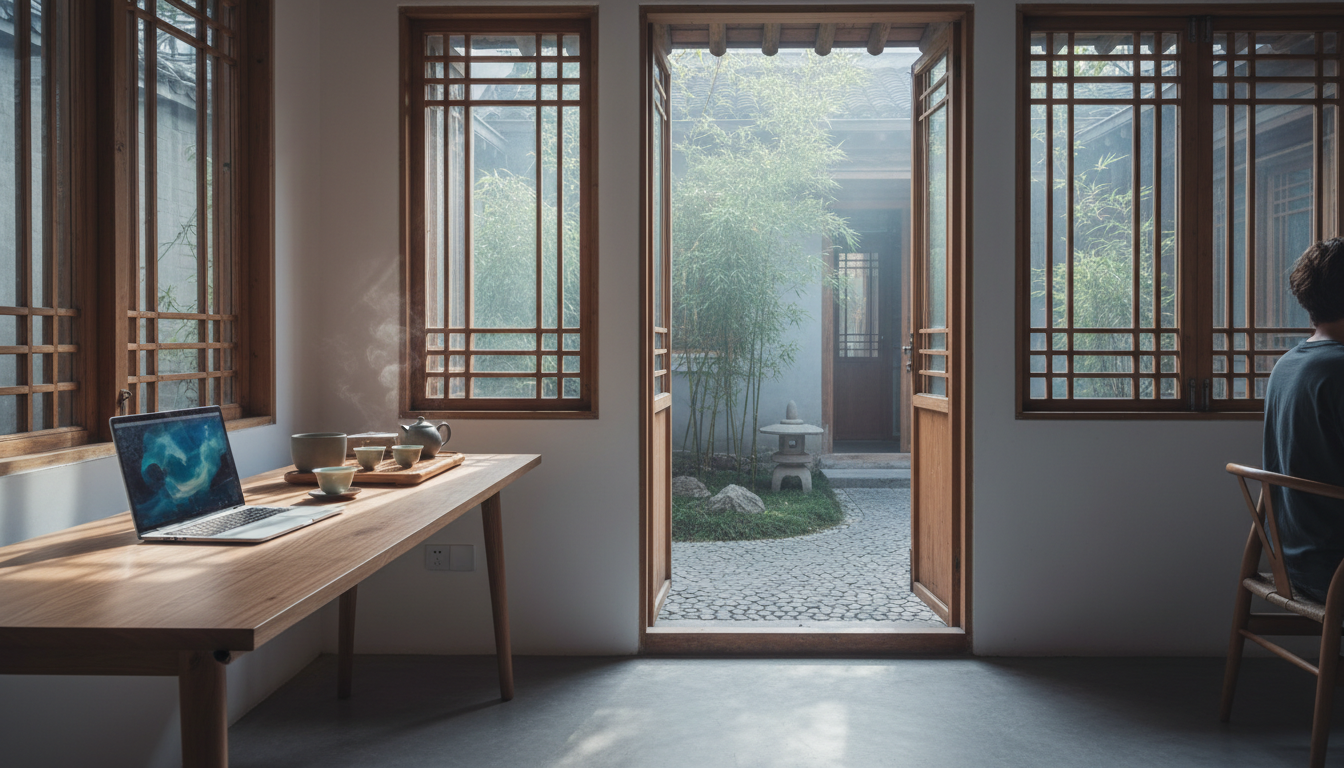 Morning light streaming through traditional wooden lattice windows in a renovated hutong home, lapto