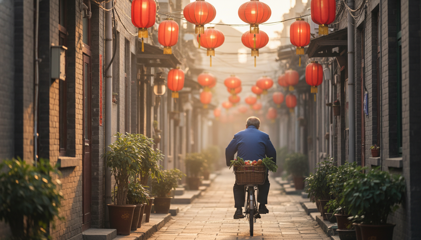 Narrow hutong alleyway in Xicheng at golden hour, red lanterns hanging between gray brick walls, eld