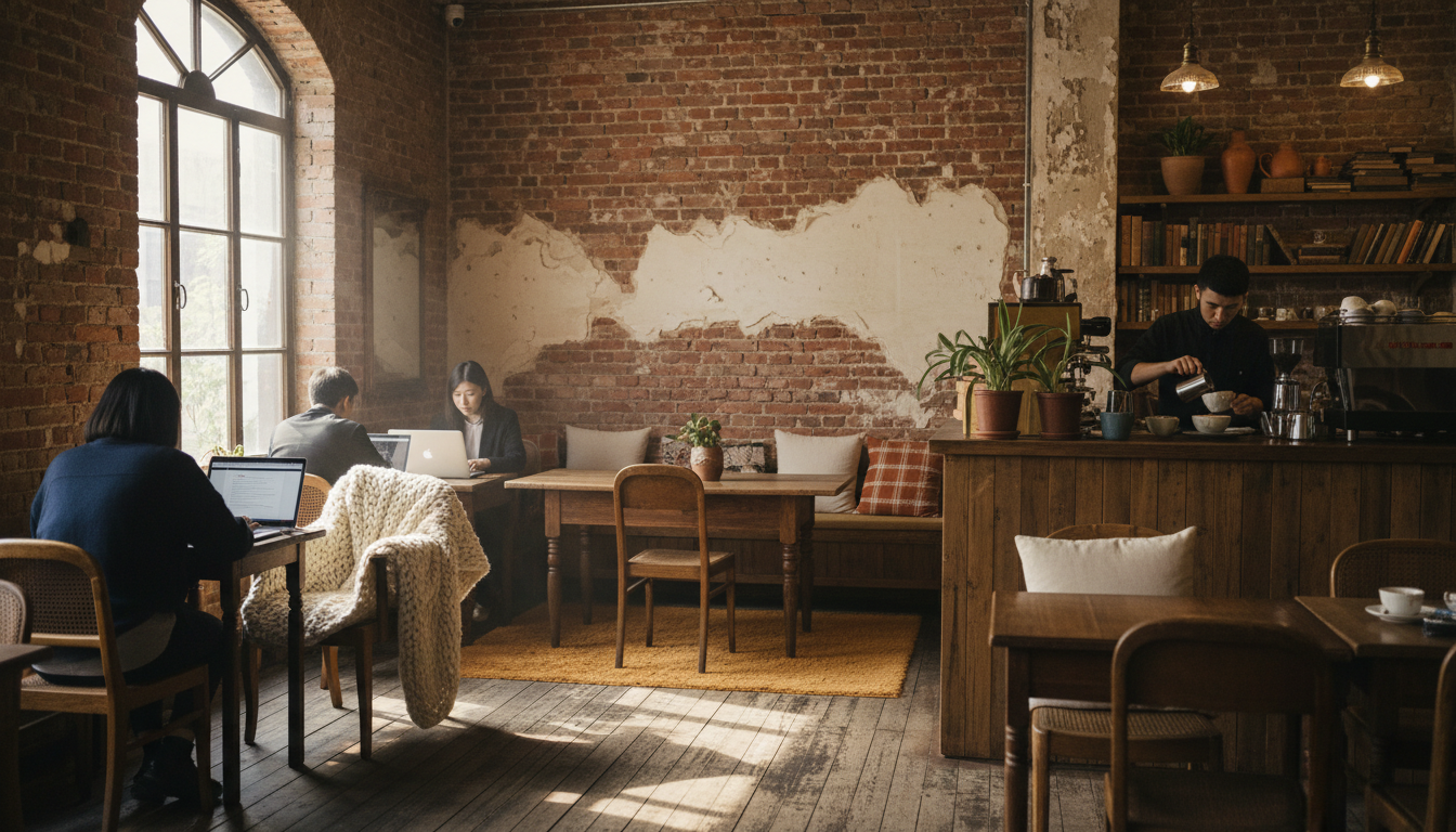 Interior of a Beijing hutong caf with exposed brick walls, vintage furniture, laptop users at wooden