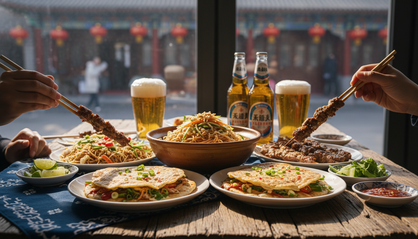 Colorful spread of Beijing street food on a wooden tablejianbing savory crepe, lamb skewers, cold no