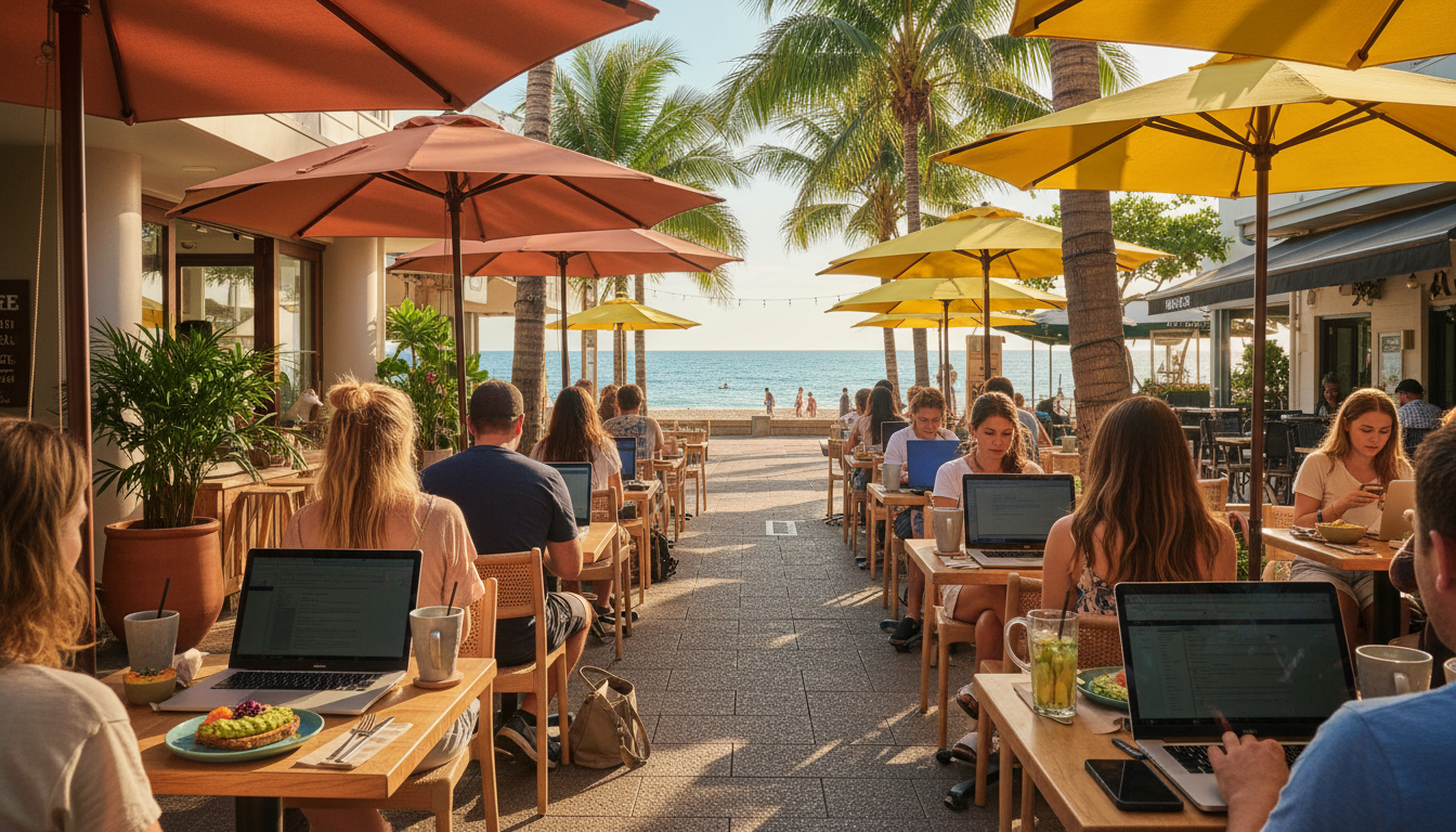 Bustling James Street in Burleigh Heads with outdoor caf seating, people working on laptops under um