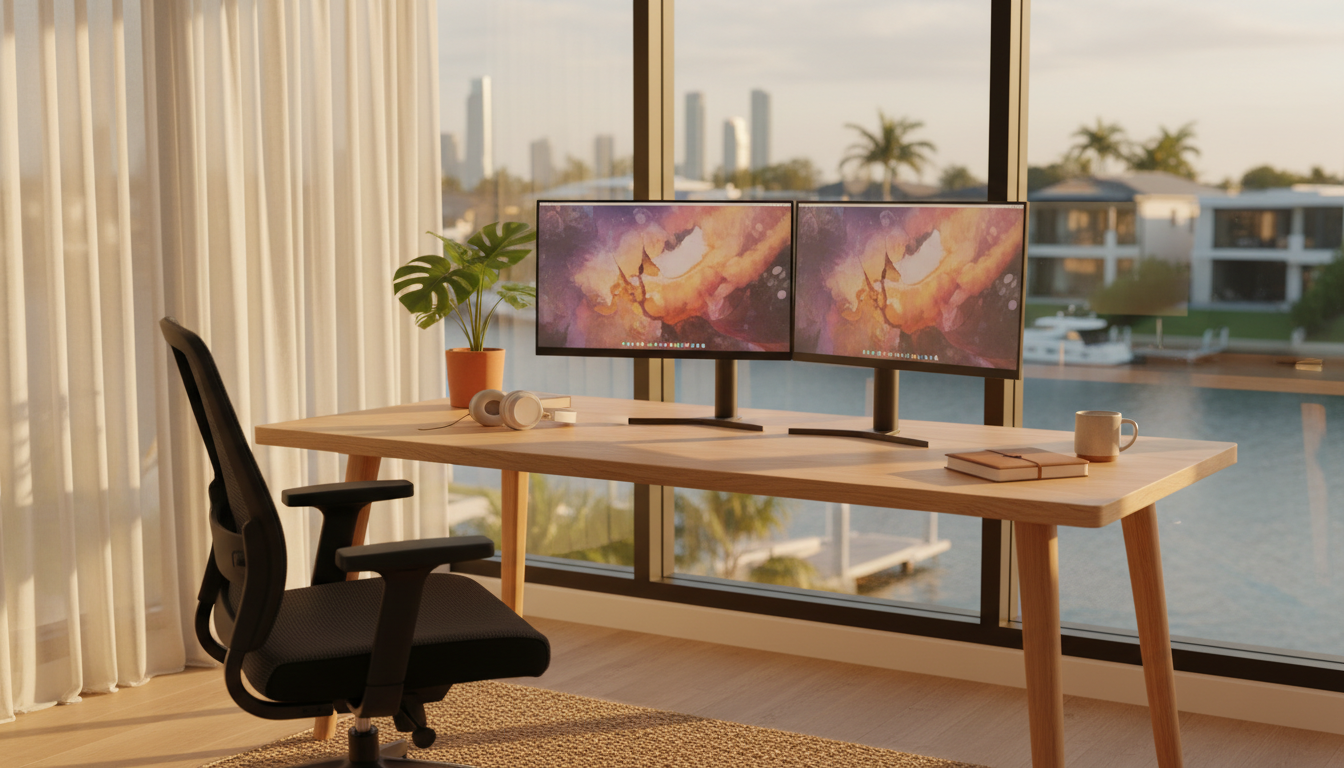 Clean home office setup with dual monitors, ergonomic chair, and a window showing Gold Coast canal v