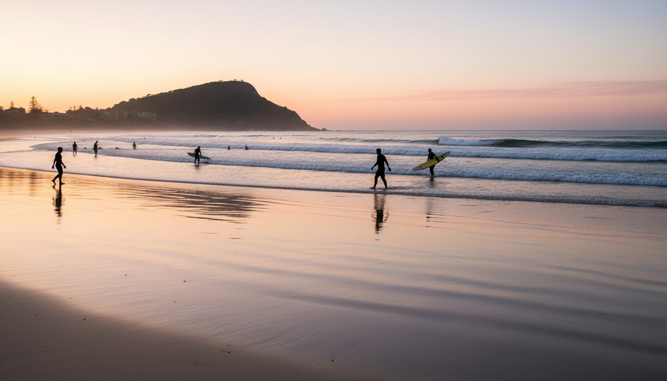 Dawn at Burleigh Beach with silhouettes of swimmers and surfers in golden morning light, the iconic