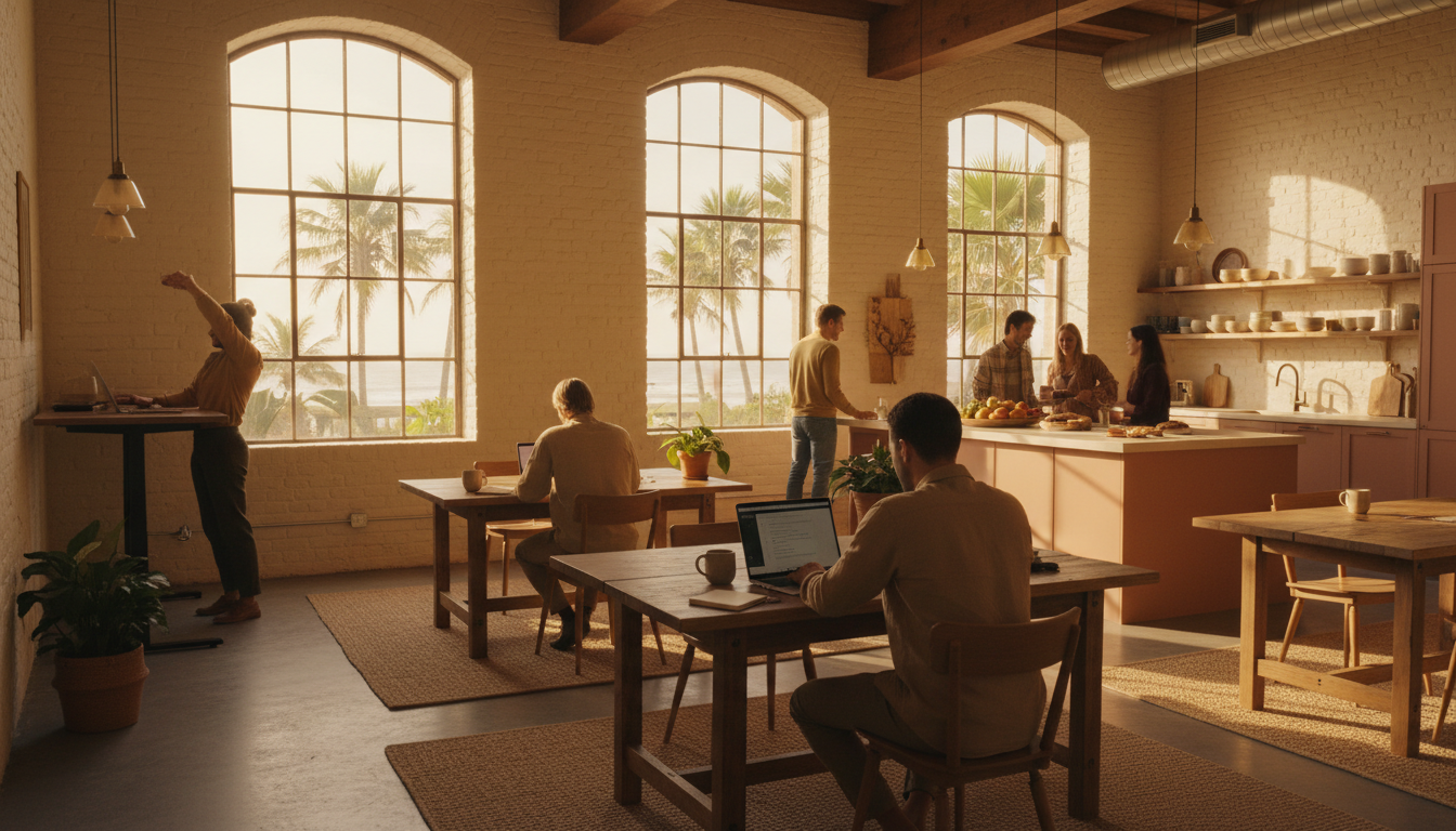 Interior of a bright coworking space with exposed brick, large windows overlooking palm trees, peopl