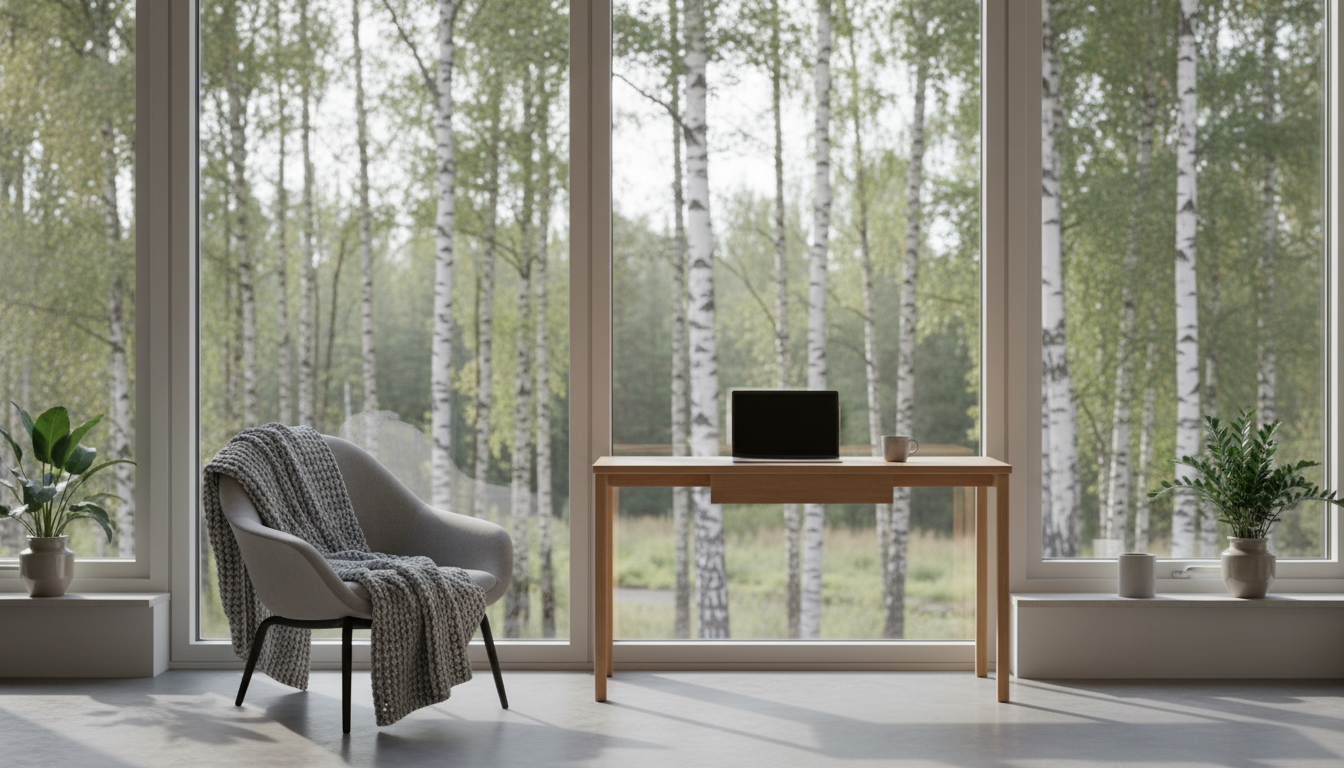 minimalist Finnish apartment interior with large windows overlooking birch trees, laptop open on a w