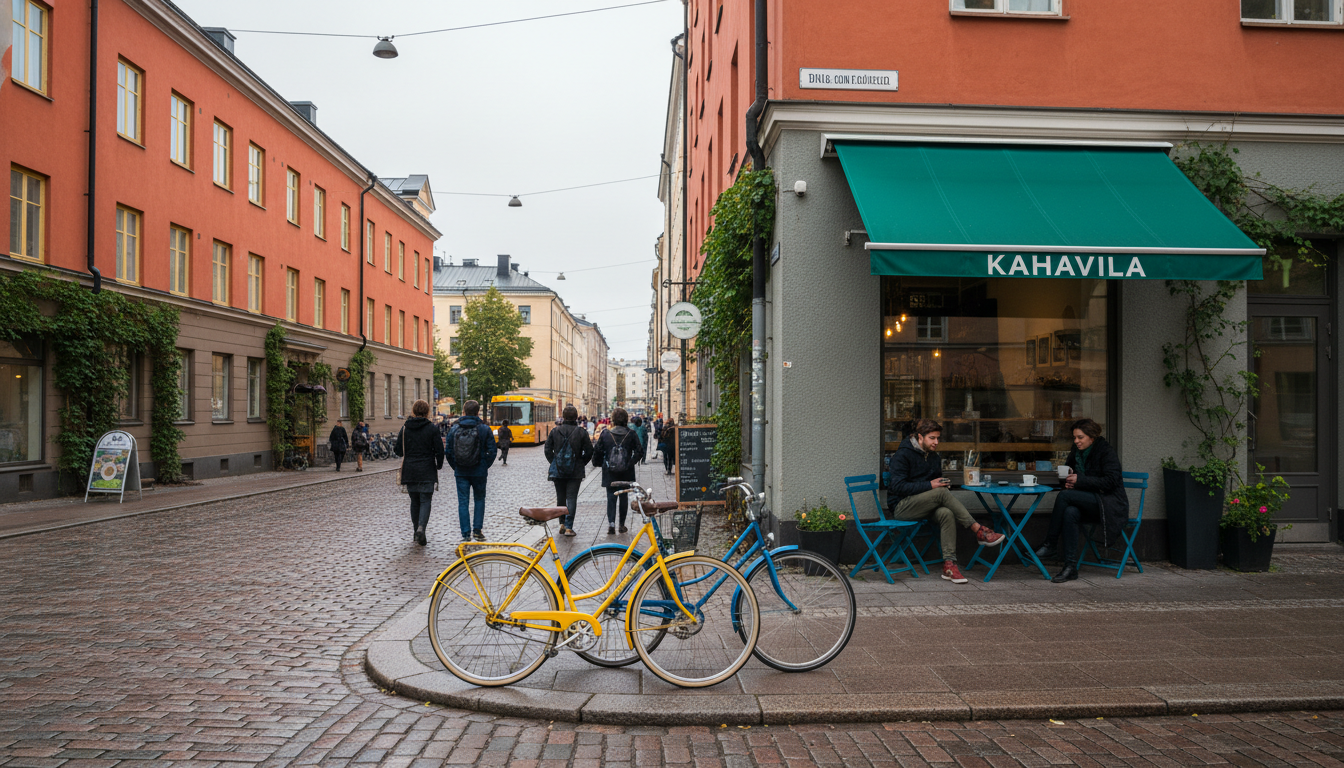 Kallio neighborhood street scene with colorful apartment buildings, small independent coffee shop wi