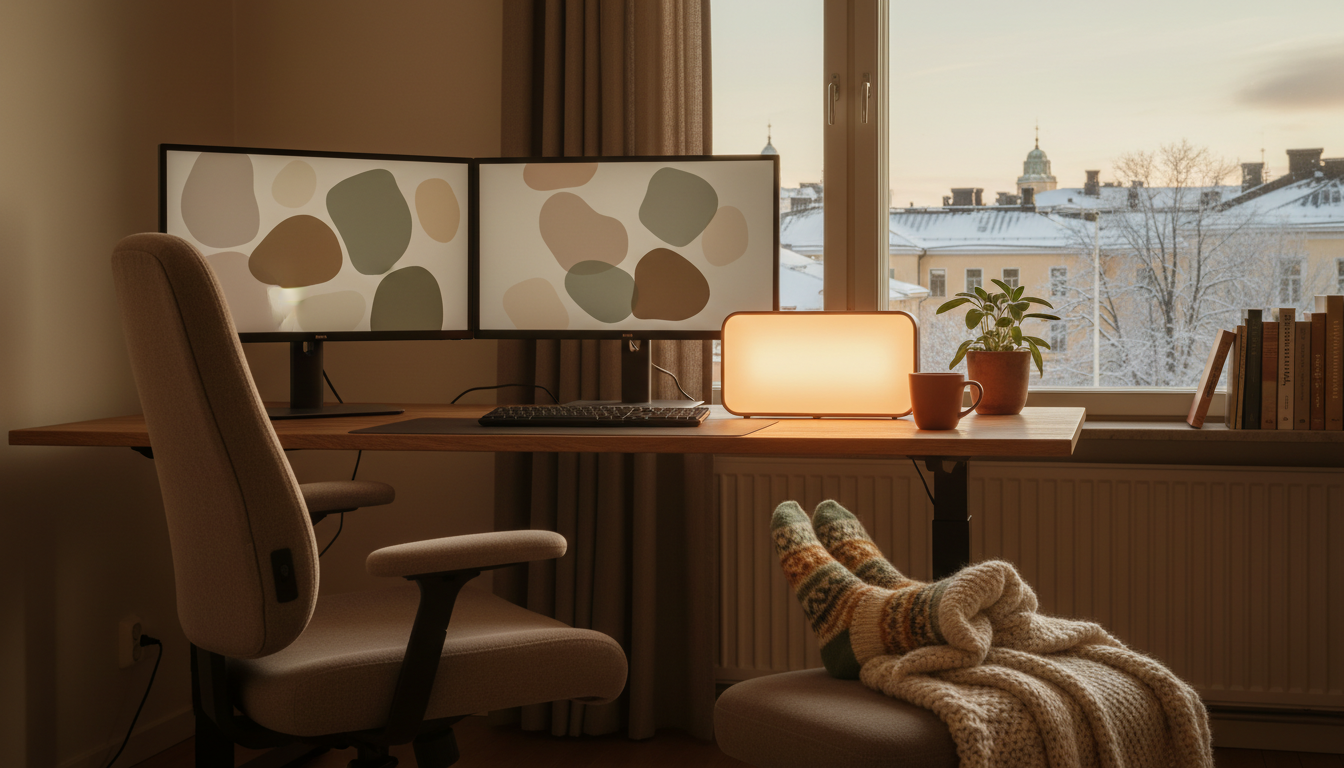 cozy Finnish home office setup with ergonomic chair, dual monitors, SAD lamp on desk, view of snowy
