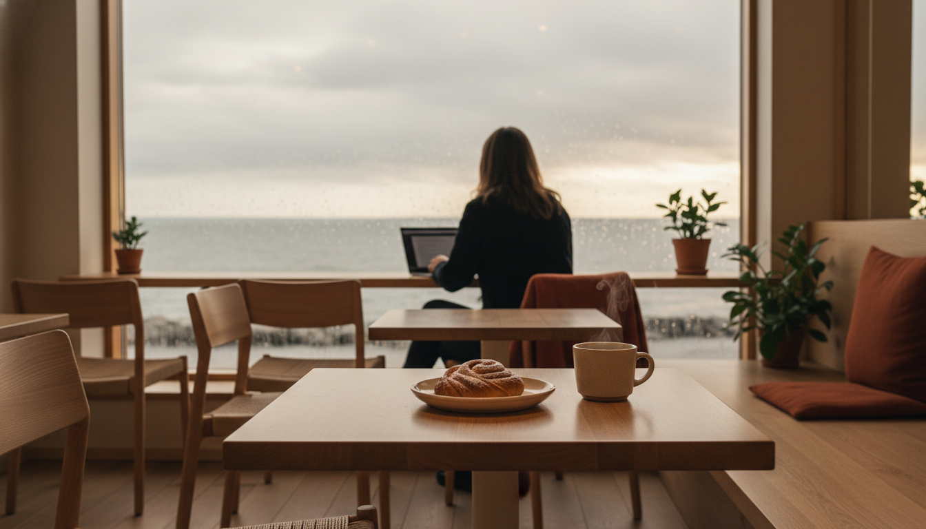 person sitting alone in minimalist Helsinki caf, laptop open, looking out rain-streaked window at gr