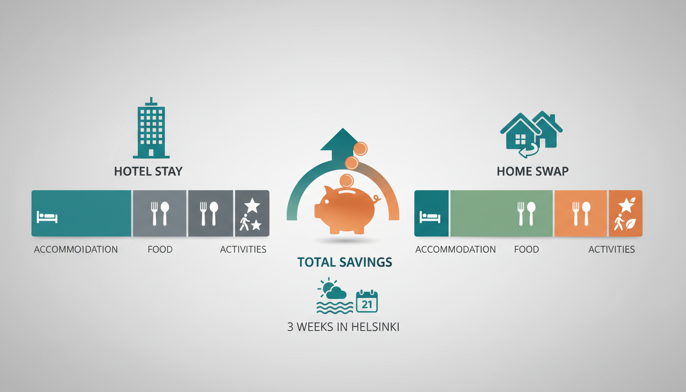 infographic showing cost comparison between hotel stay vs home swap in Helsinki over 3 weeks, bar ch