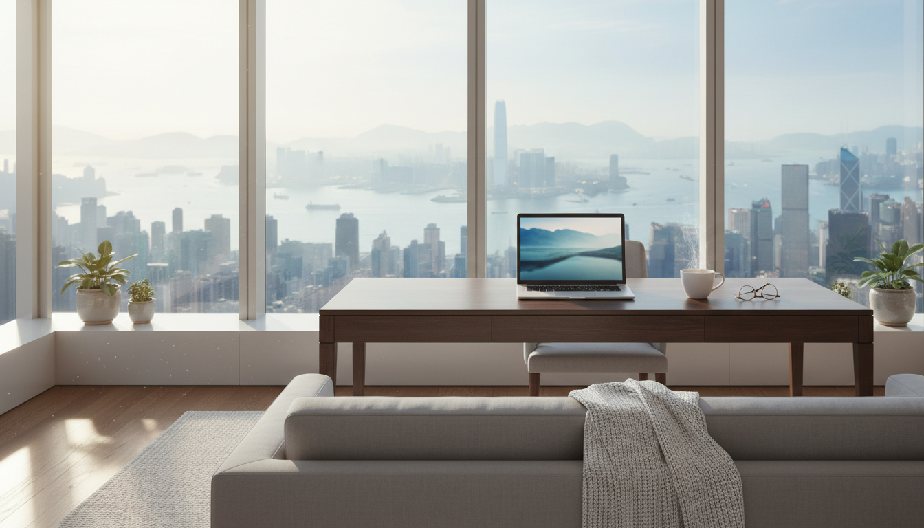 Morning light streaming through floor-to-ceiling windows of a Mid-Levels apartment, laptop open on a