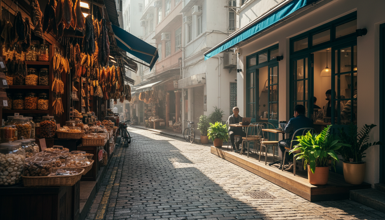Narrow street in Sheung Wan with traditional dried seafood shops on one side and a modern specialty