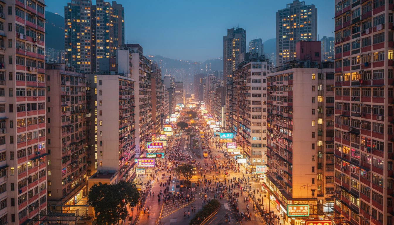 Aerial view of Mong Kok at dusk, neon signs in Chinese and English illuminating the crowded streets