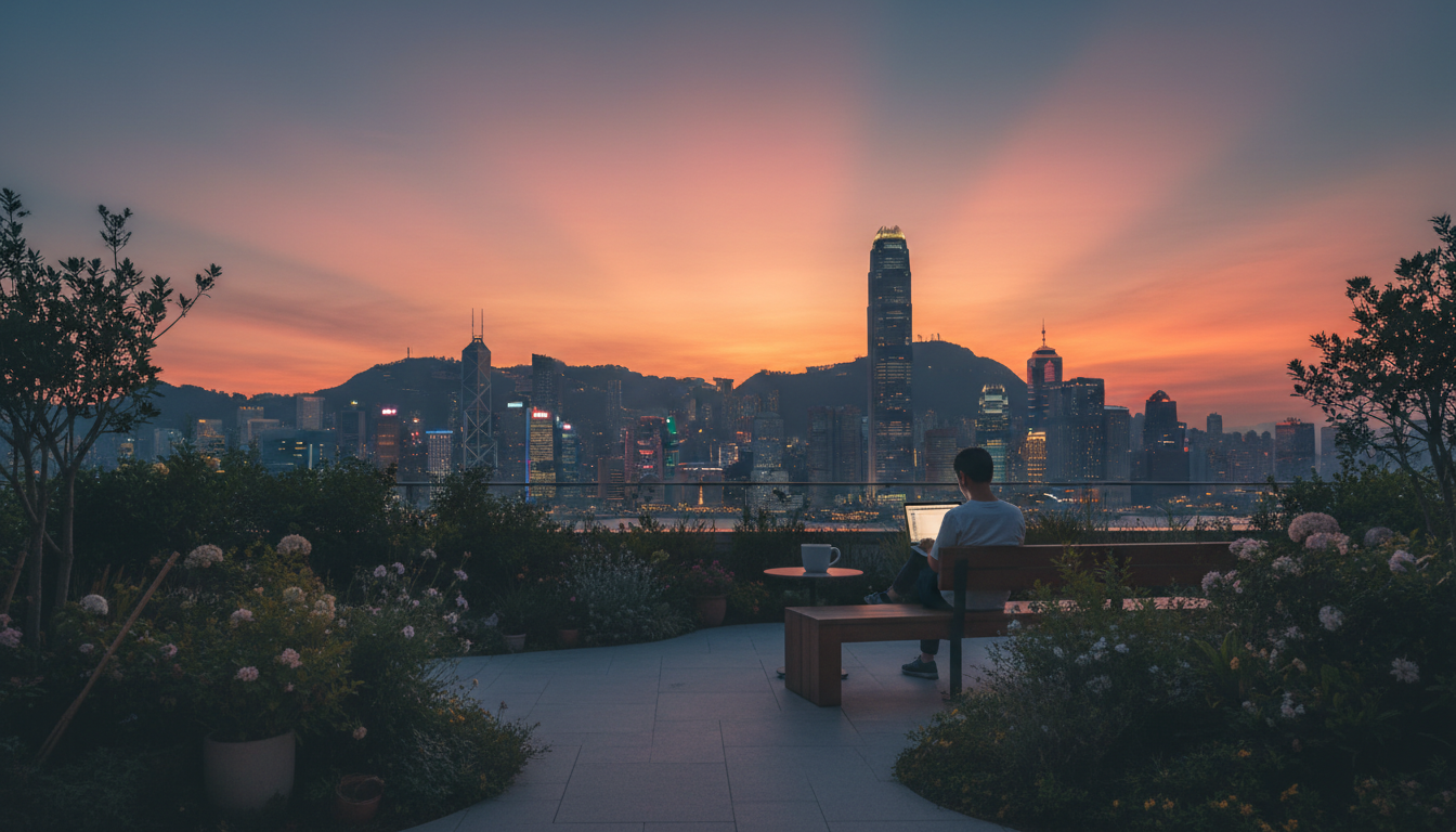 Golden hour view from a rooftop garden, Hong Kongs skyline silhouetted against an orange and pink sk