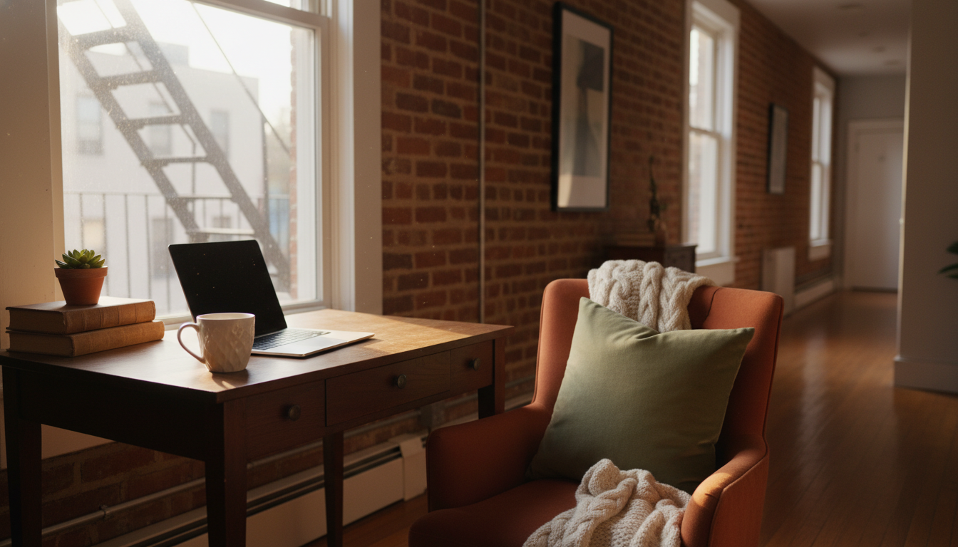 Cozy railroad apartment in East Village with exposed brick walls, vintage desk by window, morning li