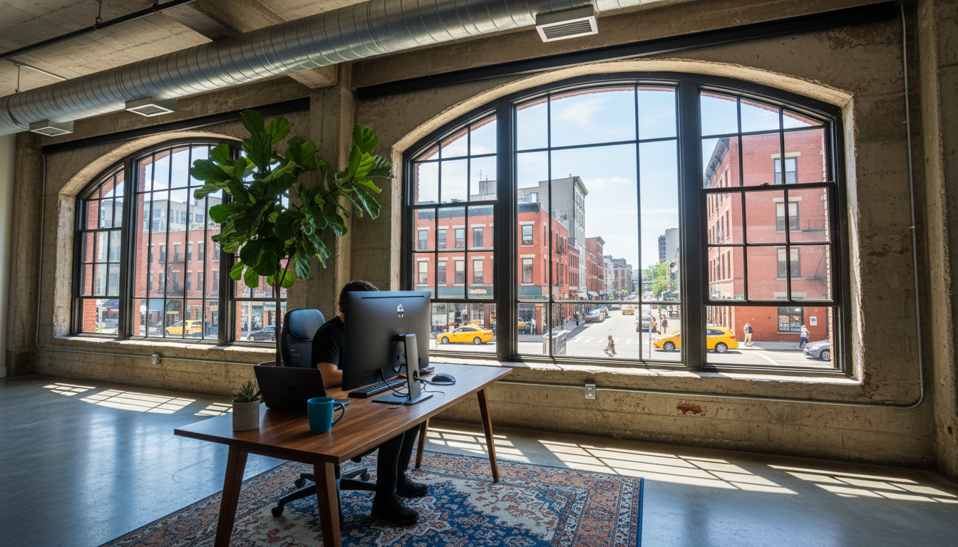 Industrial loft workspace in Williamsburg with large windows, exposed ductwork, modern desk setup wi