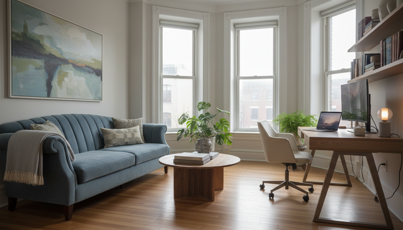 Elegant Harlem brownstone interior with bay windows, hardwood floors, vintage furniture mixed with m