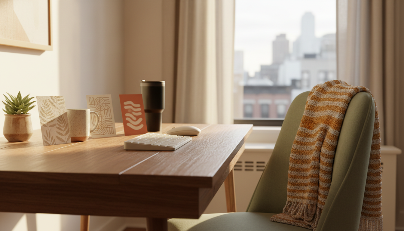 Thoughtfully organized home office guest setup with welcome note, WiFi password card, local coffee s