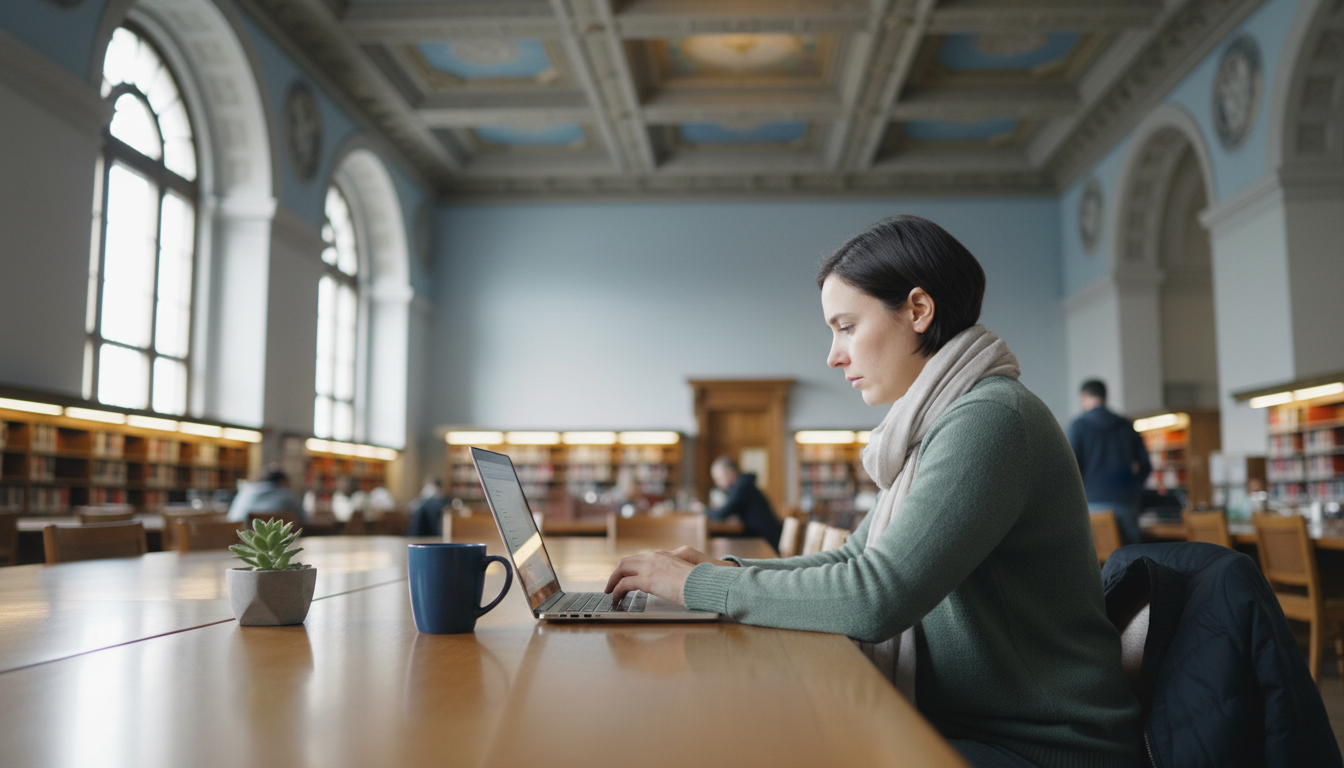 Digital nomad working from New York Public Library reading room, ornate ceiling visible, laptop open