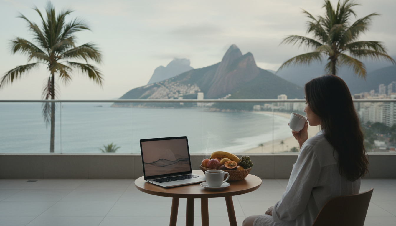 Morning view from a Leblon apartment balcony showing Dois Irmos mountain, a laptop open on a small t