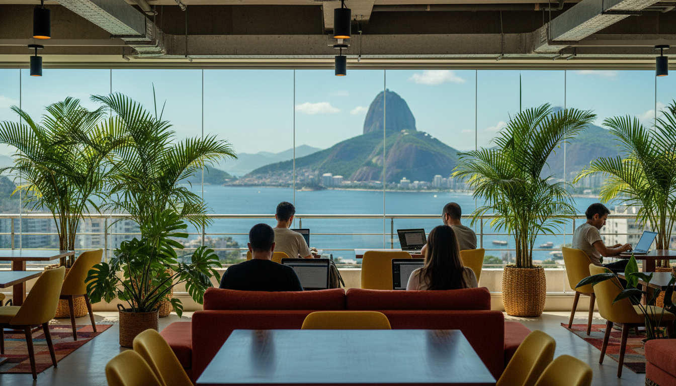 Coworking space in Botafogo with floor-to-ceiling windows overlooking Guanabara Bay, modern furnitur