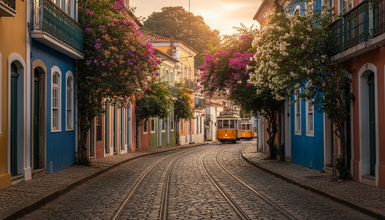 Cobblestone street in Santa Teresa with colorful colonial buildings, bougainvillea cascading from ba